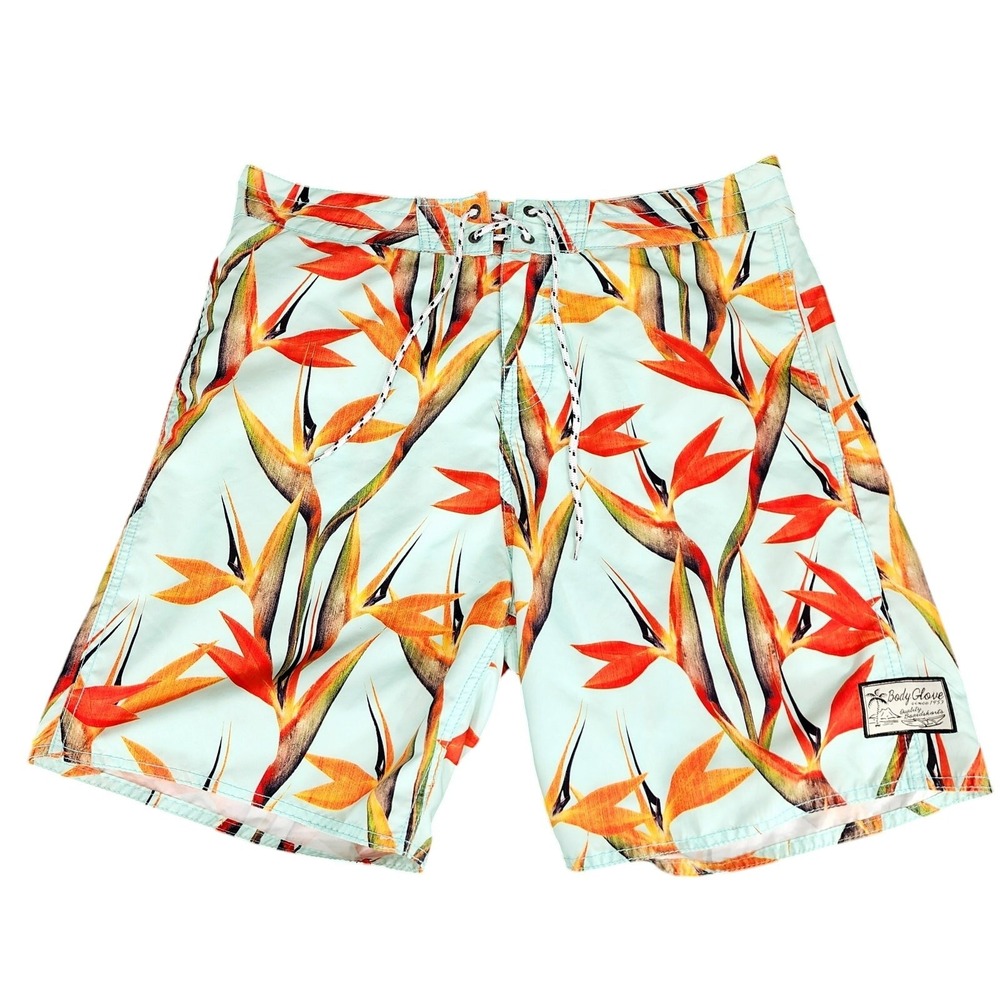 Body Glove Hawaiian Board Short 36 Men Blue Red Bird Paradise Tropical Swim‎ 8"